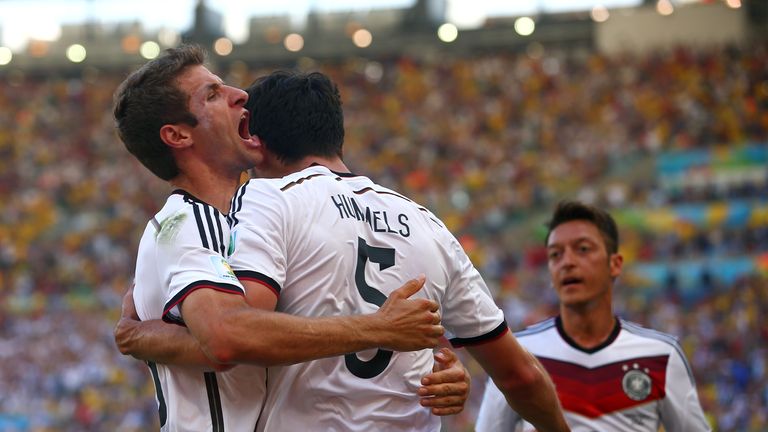 Mats Hummels celebrates goal with Thomas Muller and Mesut Ozil, France v Germany, World Cup quarter-final, Maracana