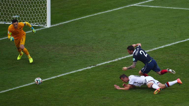 Miroslav Klose appeals for a penalty under the challenge of Mathieu Debuchy, France v Germany, FIFA World Cup quarter-final, Maracana