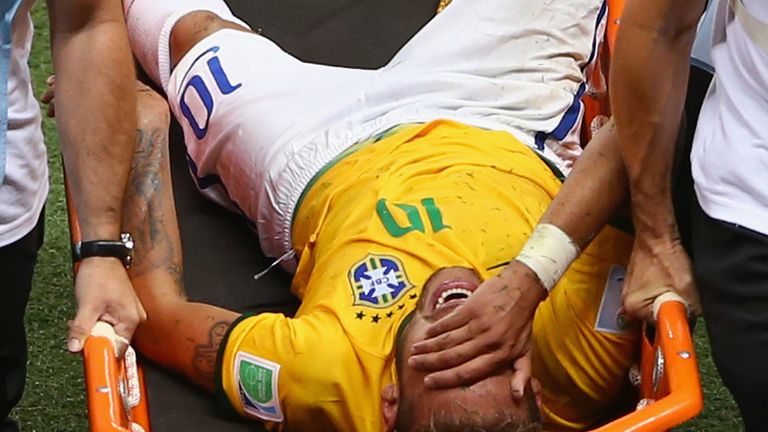 FORTALEZA, BRAZIL - JULY 04:  Neymar of Brazil is stretchered off the field after a challenge during the 2014 FIFA World Cup Brazil Quarter Final match bet