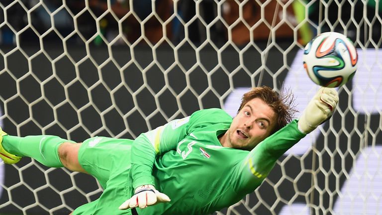 SALVADOR, BRAZIL - JULY 05: Tim Krul of the Netherlands saves a penalty kick by Michael Umana of Costa Rica (not pictured) to win in a shootout during the 