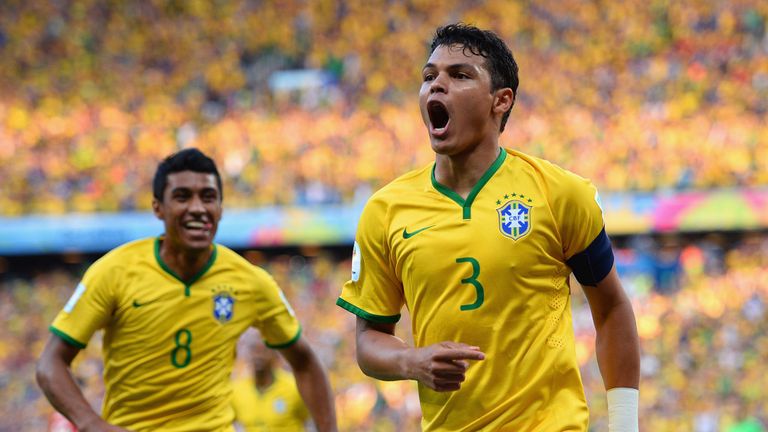 FORTALEZA, BRAZIL - JULY 04:  Thiago Silva of Brazil (R) celebrates scoring his team's first goal during the 2014 FIFA World Cup Brazil Quarter Final match
