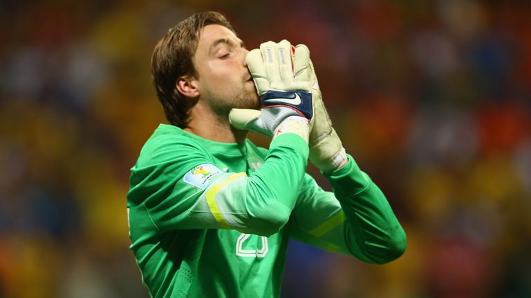 SALVADOR, BRAZIL - JULY 05:  Substitute goalkeeperTim Krul of the Netherlands reacts during the penalty shootout during the 2014 FIFA World Cup Brazil Quar