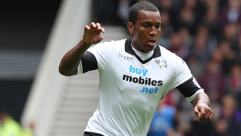 DERBY, ENGLAND - MAY 11:  Andre Wisdom of Derby County in action during the Sky Bet Championship Semi Final Second Leg between Derby County and Brighton & 
