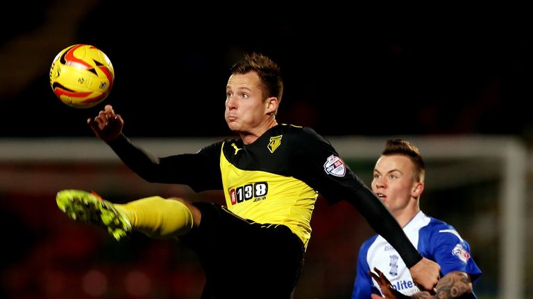 WATFORD, ENGLAND - FEBRUARY 11:  Daniel Tozser of Watford (L) in action with Albert Rusnak of Birmingham during the Sky Bet Championship match between Watf
