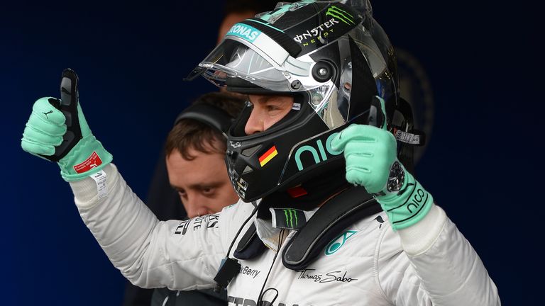 Pole sitter Nico Rosberg celebrates in parc ferme