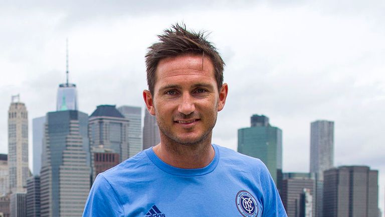 Frank Lampard, of England, poses with the Manhattan skyline behind him after his introduction as a member of the MLS expansion club New York City FC,