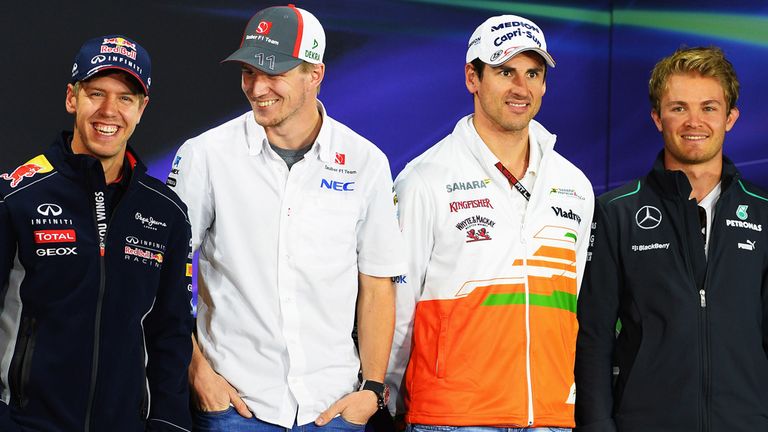 Sebastian Vettel of Infiniti Red Bull Racing, Nico Hulkenberg of Sauber F1, Adrian Sutil of Force India and 