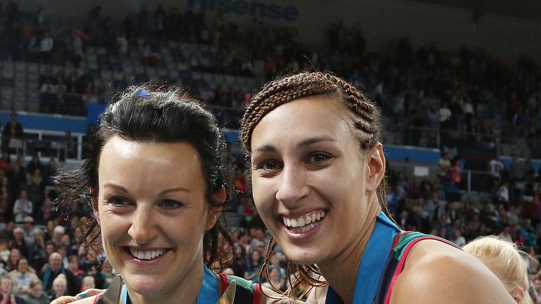 MELBOURNE, AUSTRALIA - JUNE 22:  Bianca Chatfield (L) and Geva Mentor hold the trophy following victory in the ANZ Championship Grand Final match between t