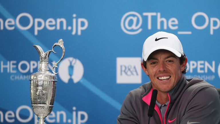 HOYLAKE, ENGLAND - JULY 20:  Rory McIlroy of Northern Ireland answers questions from the media after his two-stroke victory at The 143rd Open Championship 
