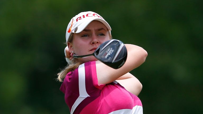 Charley Hull of England tees off the fourth hole during the final round of the Airbus LPGA Classic presented by JTBC at the Crossings