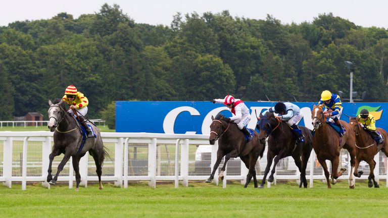 Raise Your Gaze ridden by Ryan Tate (left) wins the Download the Coral App Handicap Stakes.