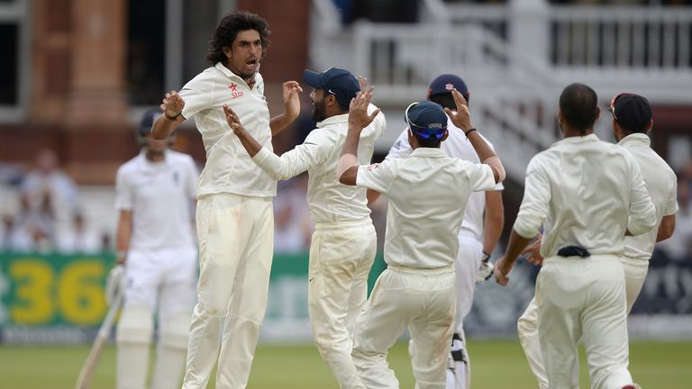 Ishant Sharma celebrates the wicket of Alastair Cook. Second Test, Lord's. July 20 2014.