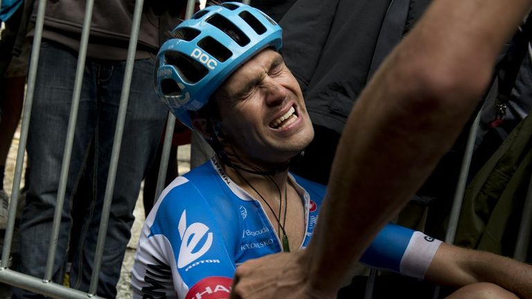 New Zealand's Jack Bauer cries after crossing the finish line at the end of the 222 km fifteenth stage of the 101st edition of the Tour de France