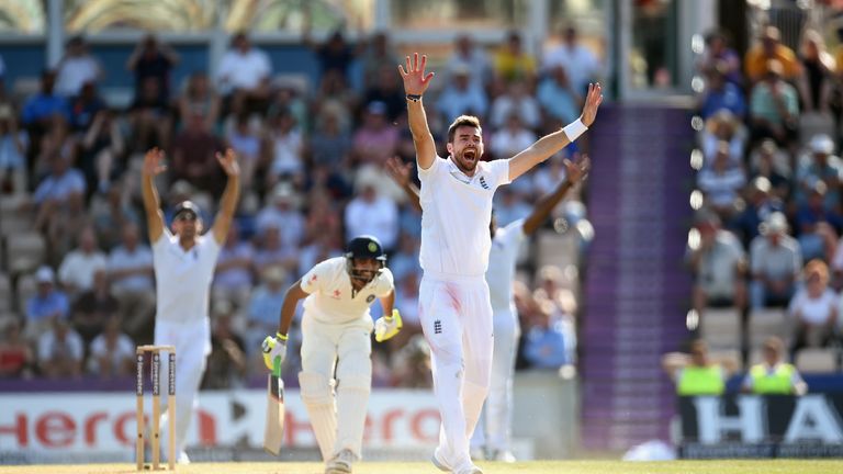 James Anderson. England v India, third Test, Southampton. Successful appeal for lbw against Ravindra Jadeja. July 29 2014.
