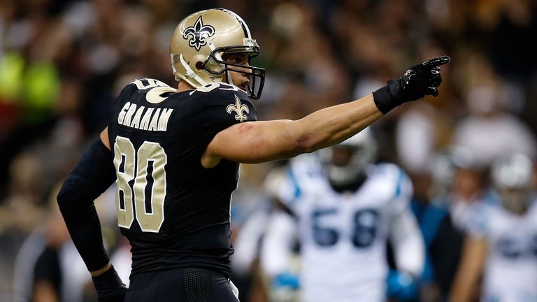 Jimmy Graham of the New Orleans Saints reacts after catching a pass against the Carolina Panthers