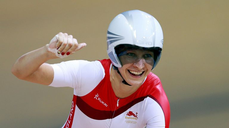 England's Joanna Rowsell celebrates her Gold medal in the Women's 3000m Individual Pursuit