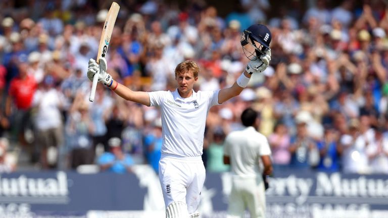 England batsman Joe Root celebrates after reaching his century during day four of the 1st Investec Test Match between England and India at Trent Bridge