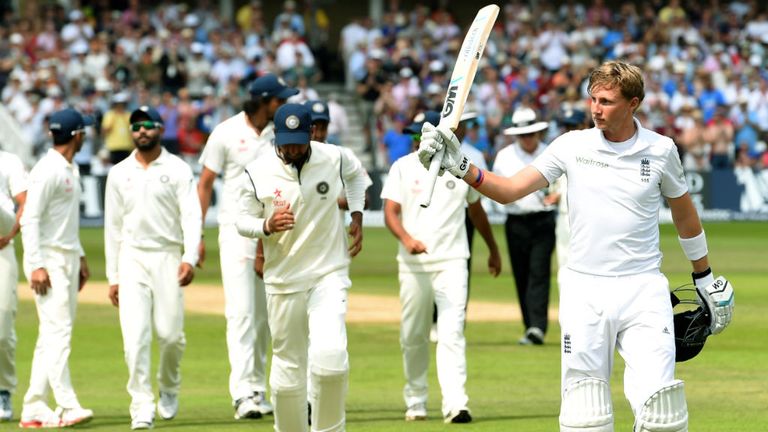 England batsman Joe Root leaves the field unbeaten on 154 during day four of the 1st Investec Test Match between England and India