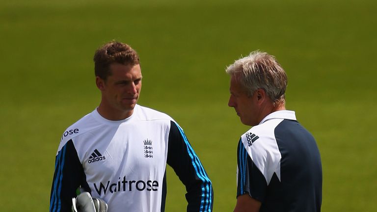 NOTTINGHAM, ENGLAND - JULY 08:  Jos Buttler of England talks to Peter Moores, Coach of England during an England nets session ahead of the first Investec T