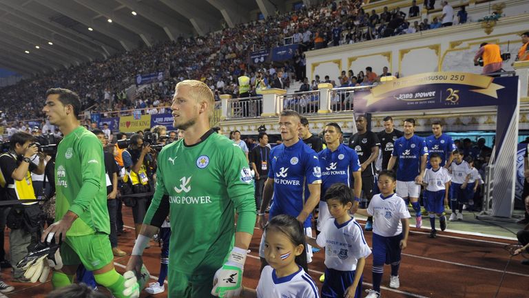 Leicester City and Everton emerge at the Supachalasai Stadium in Bangkok