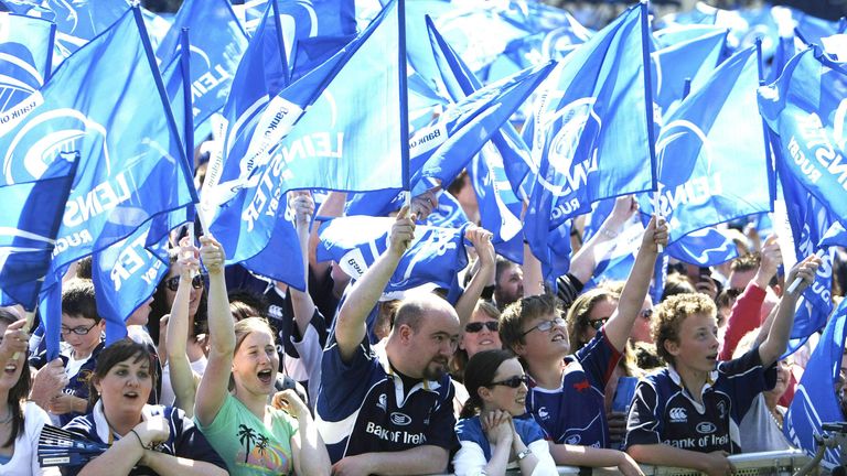 Leinster fans celebrate at the Royal Dublin Society Arena in Dublin