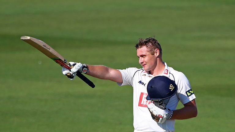 Luke Wright of Sussex celebrates his century during day one of the LV County Championship match against Northamptonshire at Hove