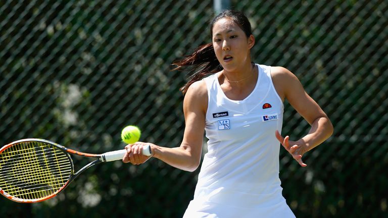 Misa Eguch in action during her first round Wimbledon qualifying match 