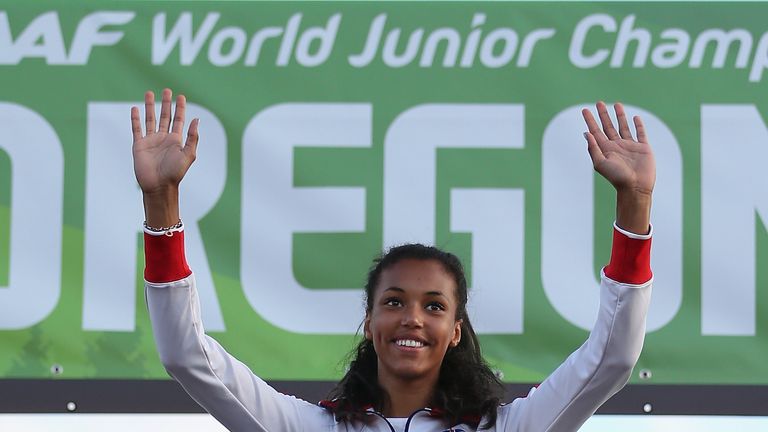 Morgan Lake of Great Britain celebrates on the podium after winning the women's heptathlon during day two of the IAAF World Junior Championship