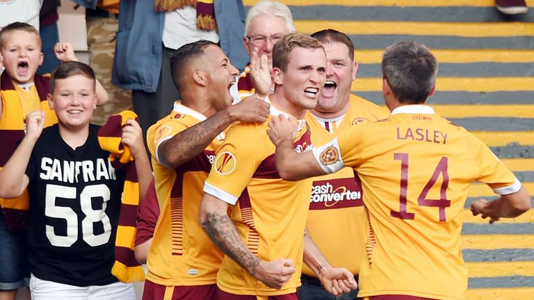 .Motherwell's Josh Law (centre) celebrates his goal after opening the scoring up against Stjarnan
