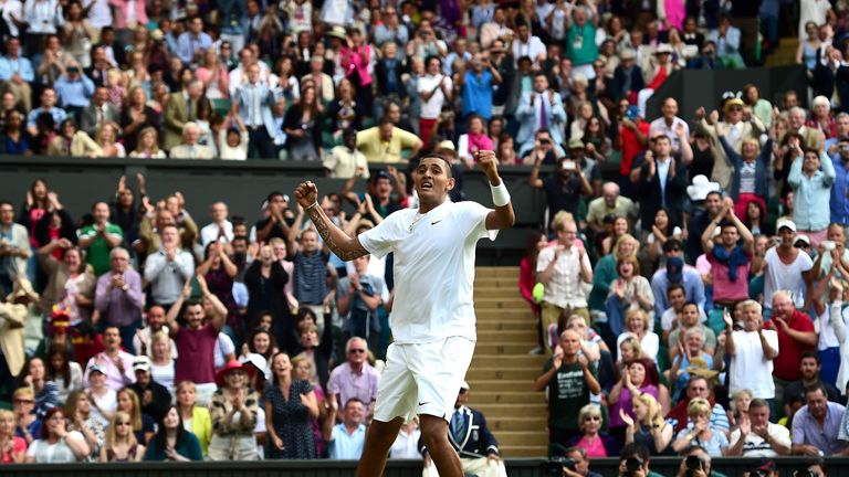 Nick Kyrgios celebrates winning his men's singles fourth round match at Wimbledon