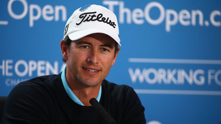 HOYLAKE, ENGLAND - JULY 15:  Adam Scott of Australia speaks with the media during a practice round prior to the start of The 143rd Open Championship at Roy