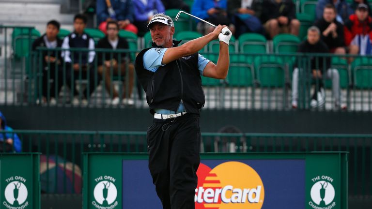 Darren Clarke tees off during the third round of The 143rd Open Championship at Royal Liverpool on July 19