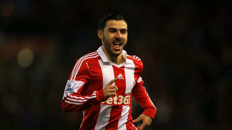 STOKE ON TRENT, ENGLAND - JANUARY 01:  Oussama Assaidi of Stoke City celebrates scoring the opening goal during the Barclays Premier League match between S