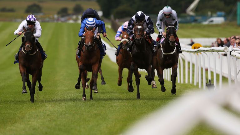 Intenser, ridden by Rory Cleary (left), on the way to winning the Irish Champions Weekend 13th & 14th September Nursery Handicap at the Curragh.