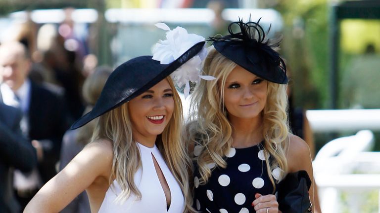 Rebecca Larmour (left) and Kelly Ellinor arrive during day two of Glorious Goodwood at Goodwood Racecourse, West Sussex.