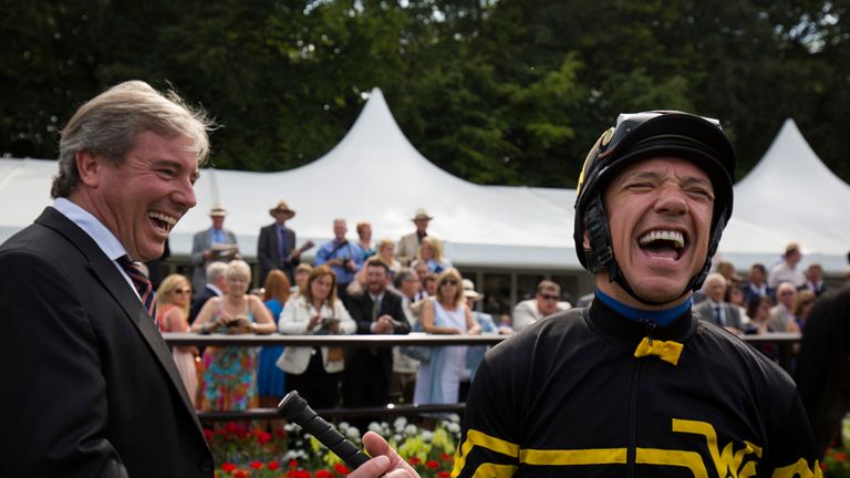 Trainer Wesley Ward and jockey Frankie Dettori share a joke before Undrafted runs a good fourth in the July Cup.