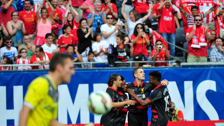 Liverpool celebrate Raheem Sterling's goal against Olympiakos FC during the International Champions Cup, Soldier Field, Chicago