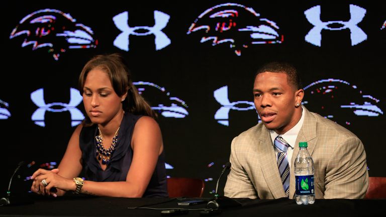 Ray Rice of the Baltimore Ravens addresses a news conference with his wife Janay at the Ravens training centre