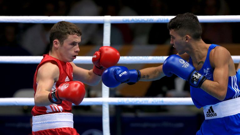 Scotland's Reece McFadden (left) in action against Wales' Andrew Selby in the Men's Fly competition at the Emirates Arena during the Commonwealth Games