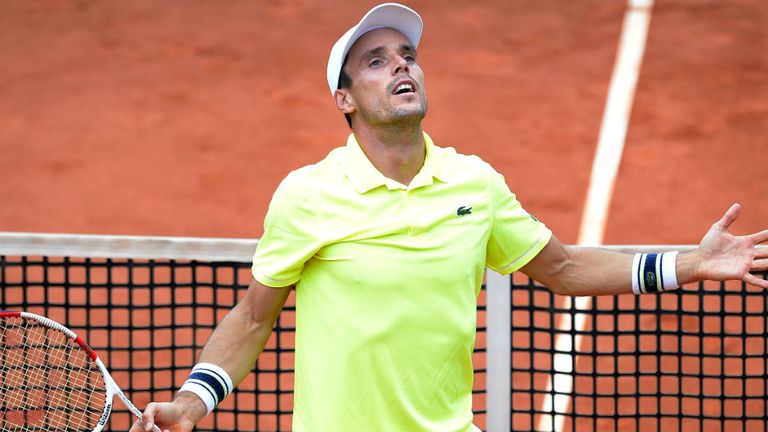 Roberto Bautista Agut of Spain celebrates after his semi-final match against Fabio Fogini of Italy during day six of Mercedes Cup