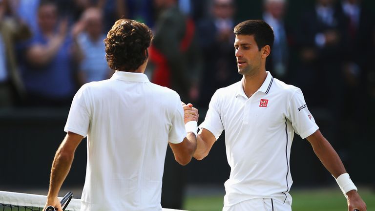 LONDON, ENGLAND - JULY 06:  Novak Djokovic of Serbia shakes hands with Roger Federer of Switzerland after their Gentlemen's Singles Final match on day thir