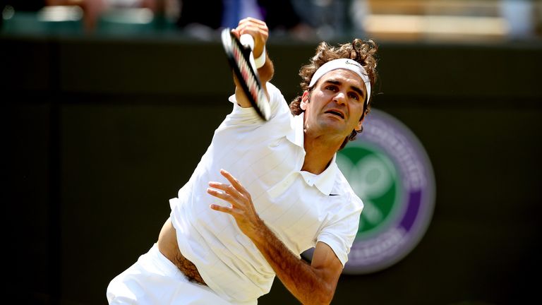 Roger Federer of Switzerland during his fourth round match against Tommy Robredo of Spain at Wimbledon