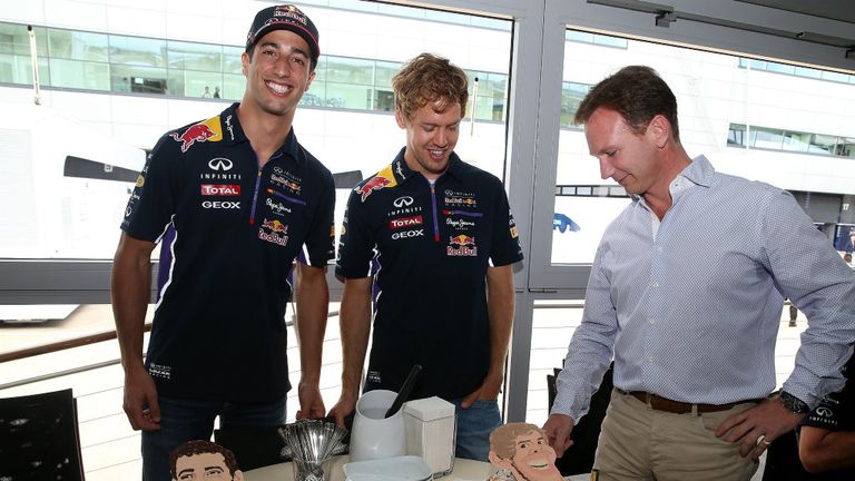 Birthday celebrations at Silverstone for Daniel Ricciardo (25) and Sebastian Vettel (27)