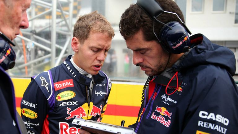 Sebastian Vettel with his race engineer 'Rocky' on the grid