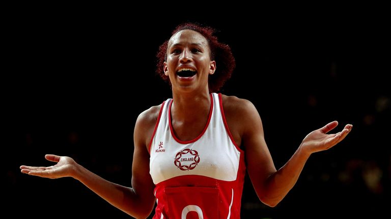 LONDON, ENGLAND - JANUARY 23:  Serena Guthrie of England celebrates their victory during the International Netball Series between England and Australia at 
