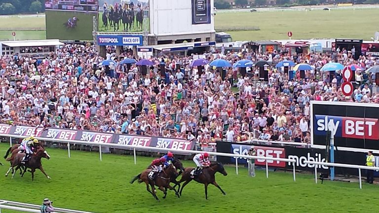 Sheikhzayedroad and Martin Lane get up in the final strides to win the Sky Bet York Stakes.