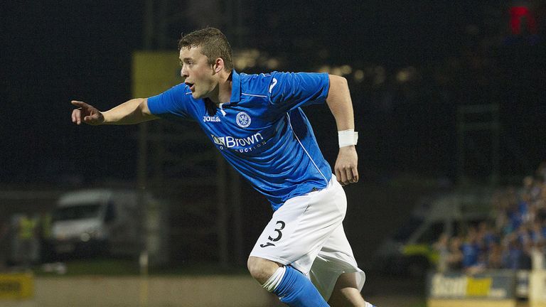 St Johnstone's Tam Scobbie scores the winning penalty during the shoot out during the UEFA Europa Leage Second Qualifying Round