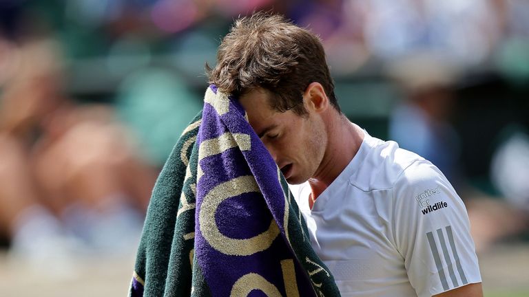 Great Britain's Andy Murray wipes the sweat off his forehead during his match against Bulgaria's Grigor Dimitrov