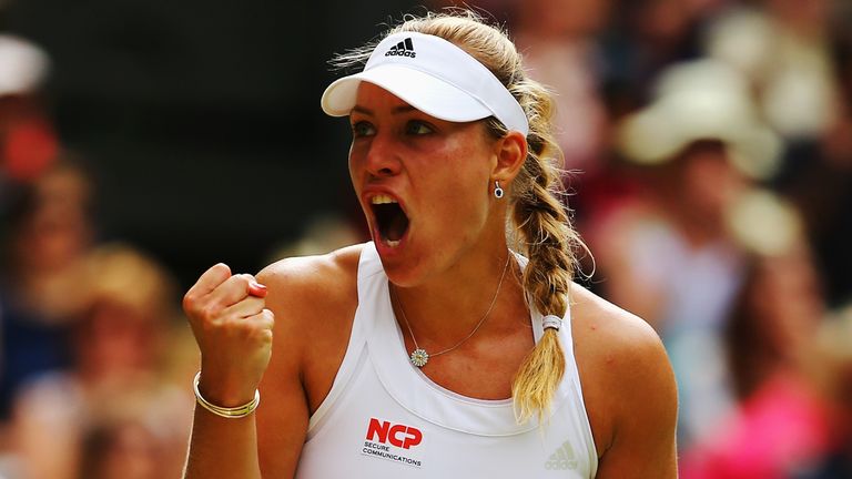 LONDON, ENGLAND - JULY 01:  Angelique Kerber of Germany celebrates during her Ladies' Singles fourth round match against Maria Sharapova at Wimbledon