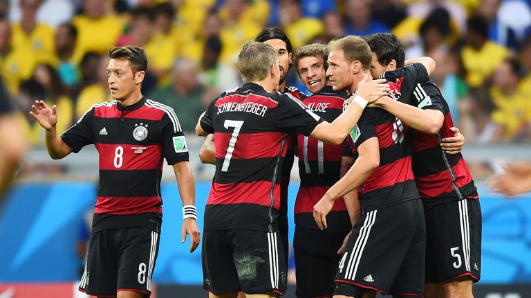 Thomas Muller of Germany celebrates scoring his team's first goal against Brazil in the World Cup semi-finals